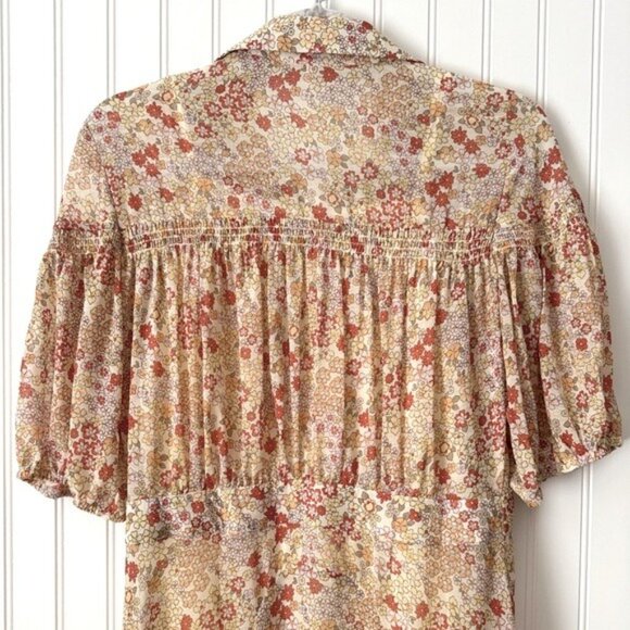 Free People Women Floral Mini Dress With Puff Sleeves & Smocked Detail Size M‎ - Picture 10 of 16
